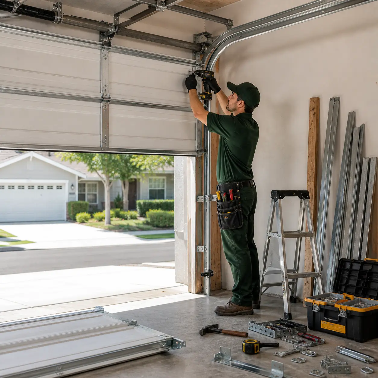 garage door installation technician installing panels